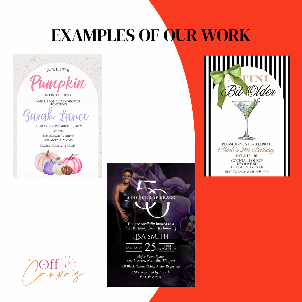 Collection of event invitations with text and graphics on a white background.