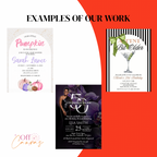 Collection of event invitations with text and graphics on a white background.