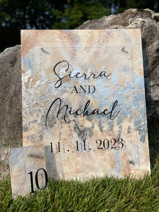 This beautiful wood sign features custom acrylic painting, layered with foil and an acrylic sign on top. 